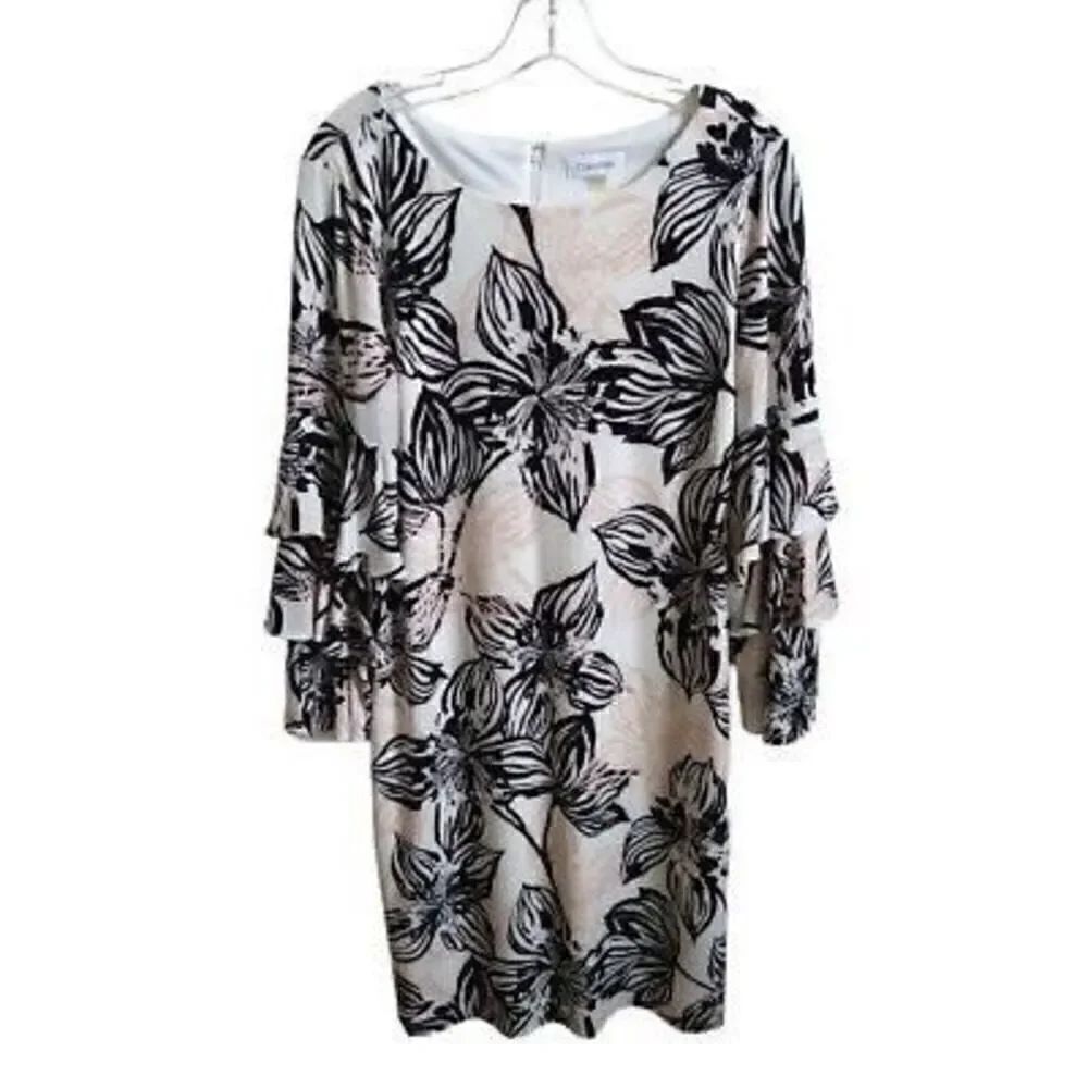 Calvin Klein Women’s Size 2 Tiered Sleeve Shift Dress Multicolor Floral Zip Up
